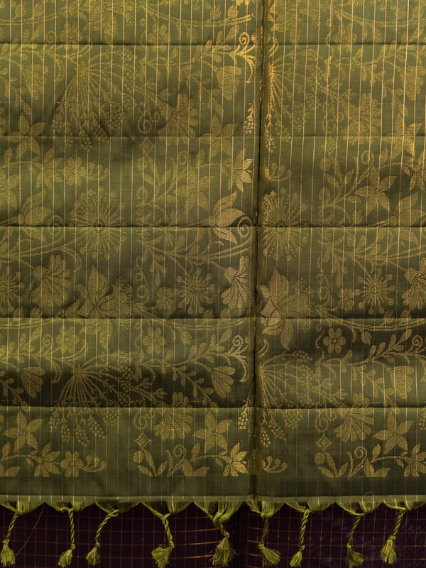 Wine purple Kanchipuram pure mix saree with gold zari checks and olive green floral zari contrast border