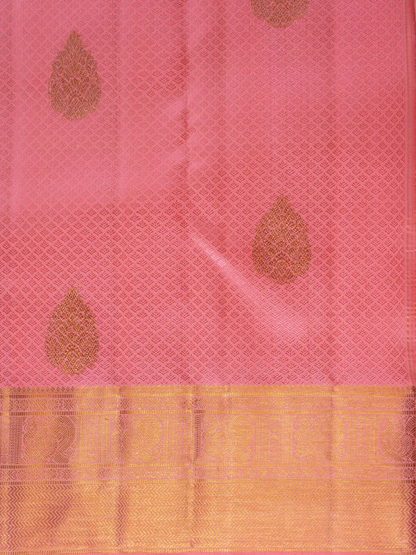 Rose pink pure Kanchipuram silk saree with gold zari checked body and broad zari border