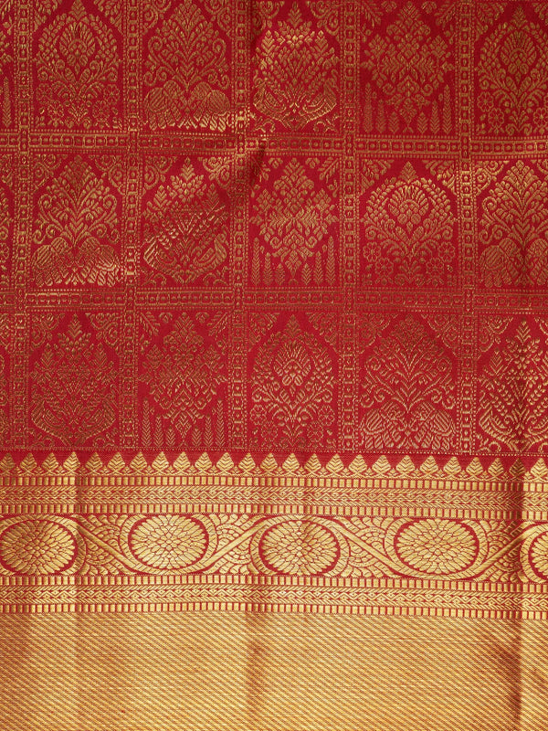 Red pure Kanchipuram silk saree with all-over gold zari brocade and wide contrast gold border