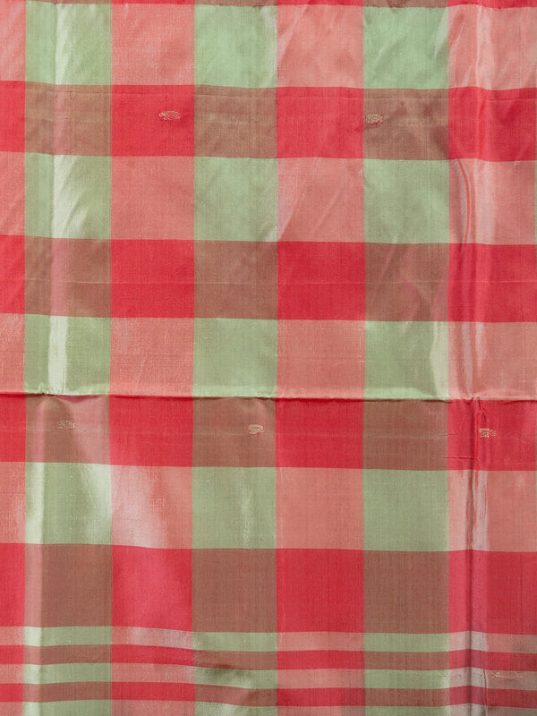 Red and green checked Banana silk saree with contrast light green paisley pallu and zari border