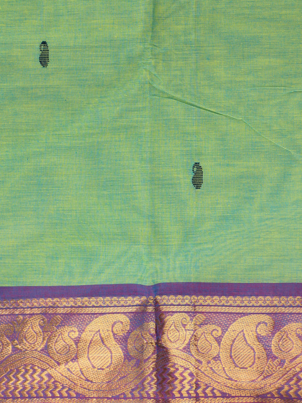 Green Chettinad cotton saree with purple gold zari paisley border and yellow-striped pallu