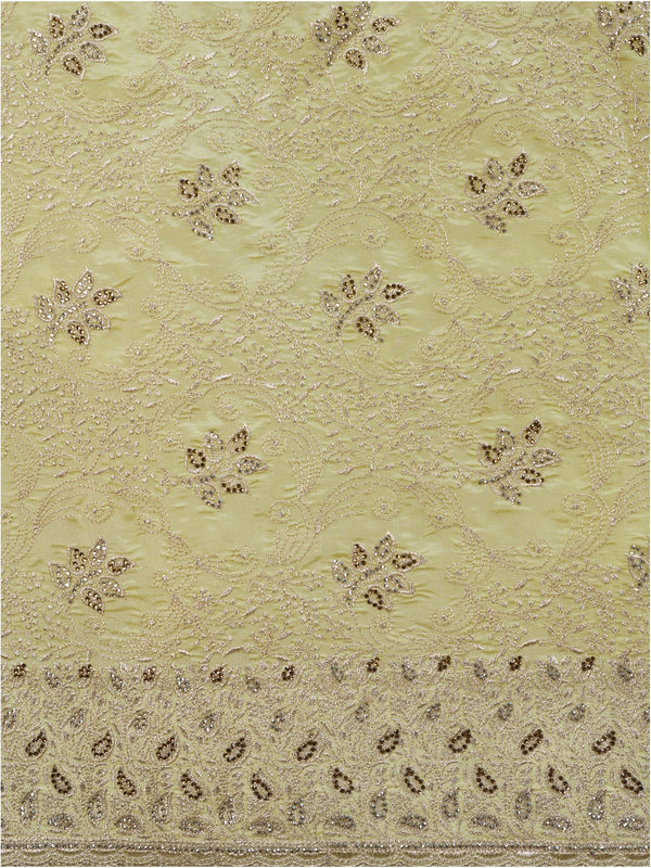 Lemon yellow designer art silk saree with all-over floral embroidery and sequin work