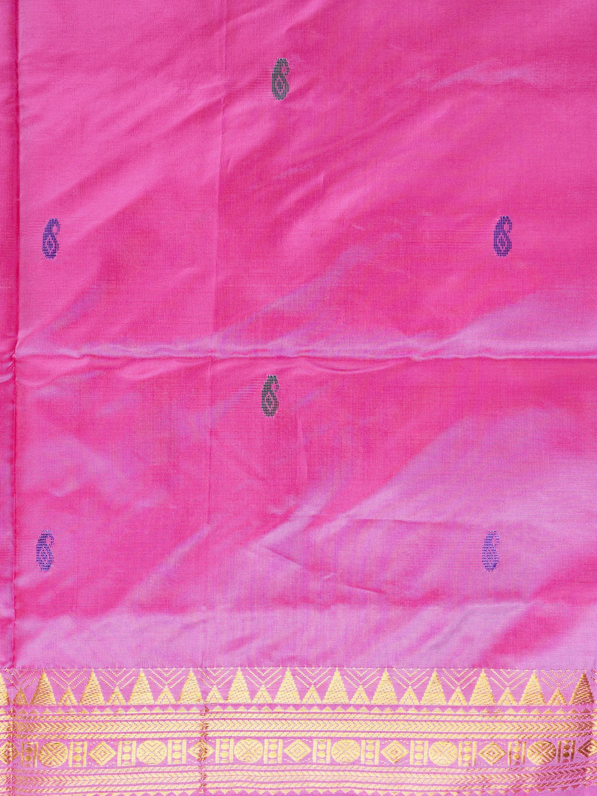Pink Banana Silk saree with blue paisley butta, gold zari border and contrast cream striped pallu