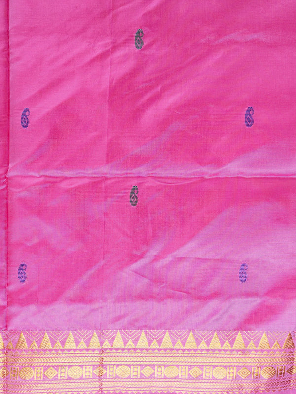 Pink Banana Silk saree with blue paisley butta, gold zari border and contrast cream striped pallu