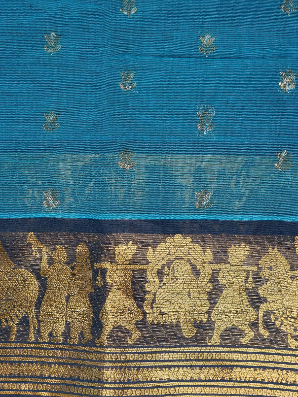 Peacock blue Chettinad cotton saree with gold zari lotus buttas and contrast navy figurative zari border