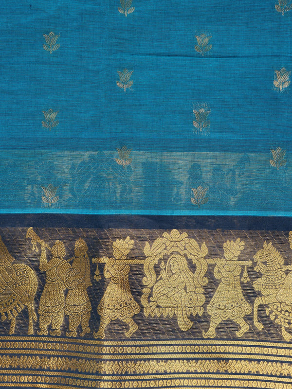 Peacock blue Chettinad cotton saree with gold zari lotus buttas and contrast navy figurative zari border