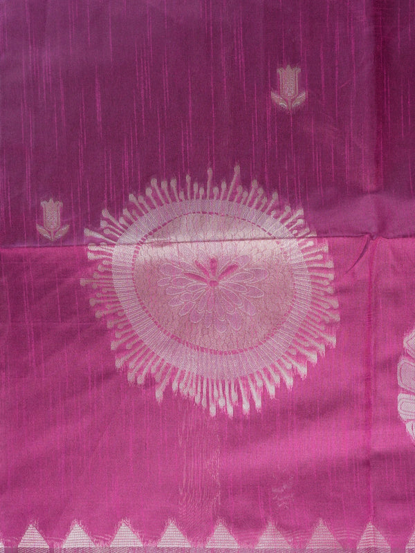 Magenta semi tussar saree with silver floral medallions and temple triangle border