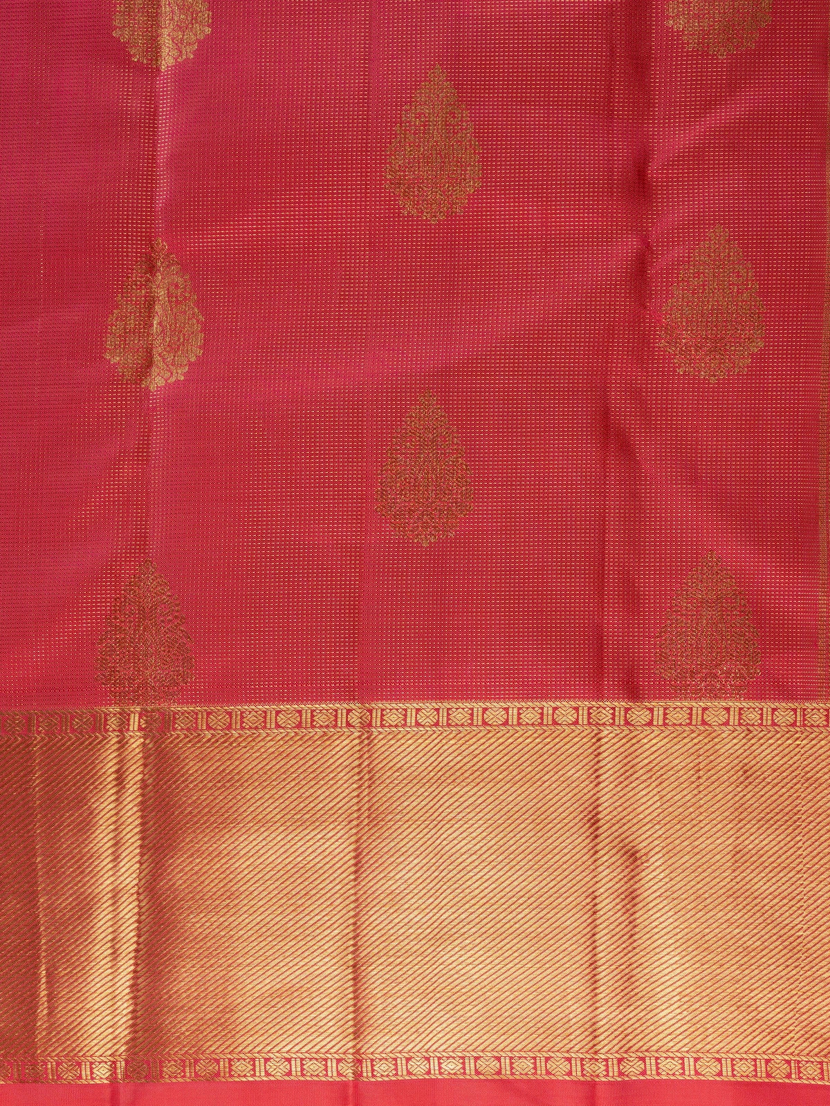 Pink and gold pure Kanchipuram silk saree with gold zari buttis, wide contrast border and woven zari pallu