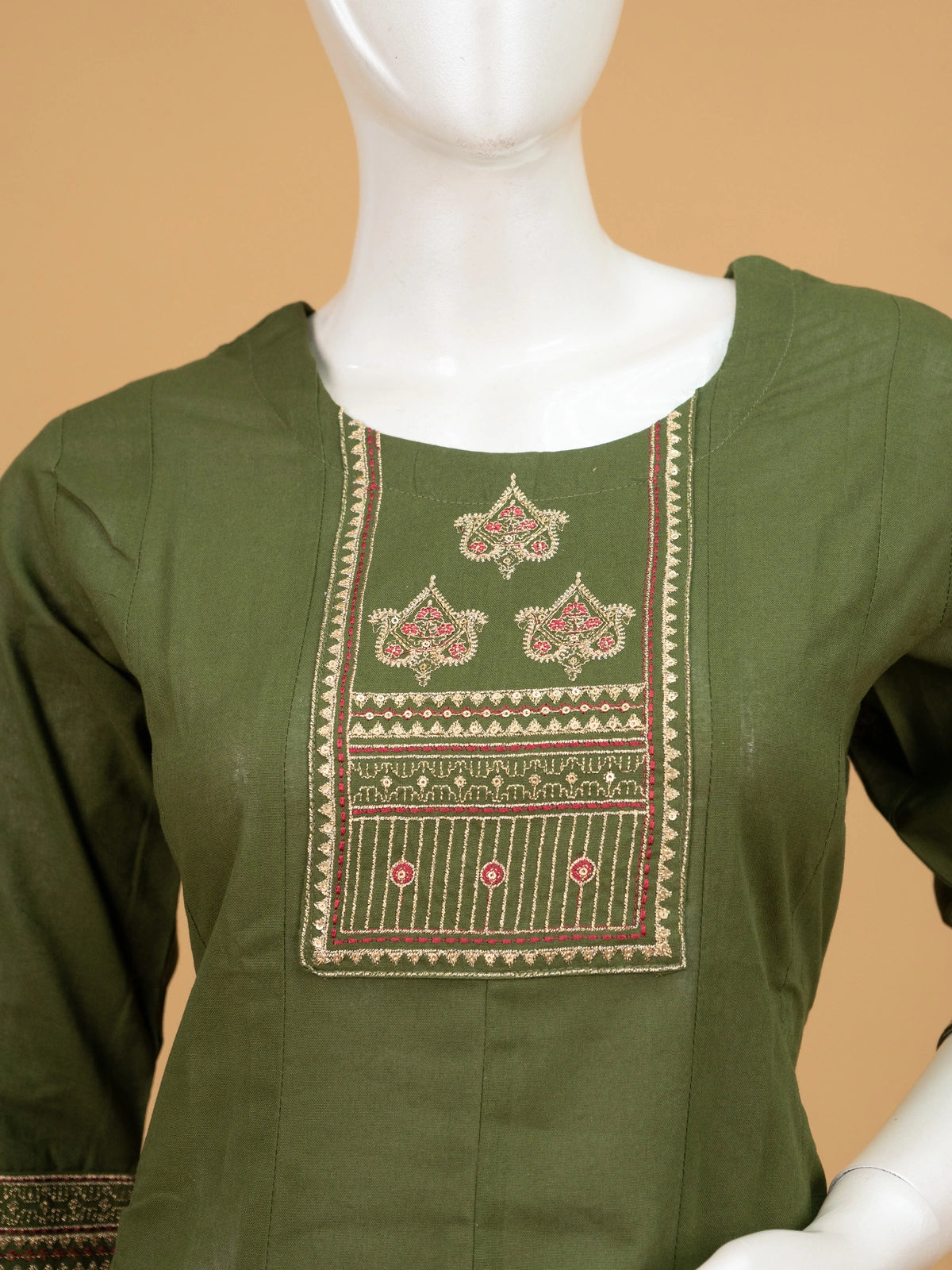 Olive green cotton embroidered anarkali kurti top with maroon and gold yoke work