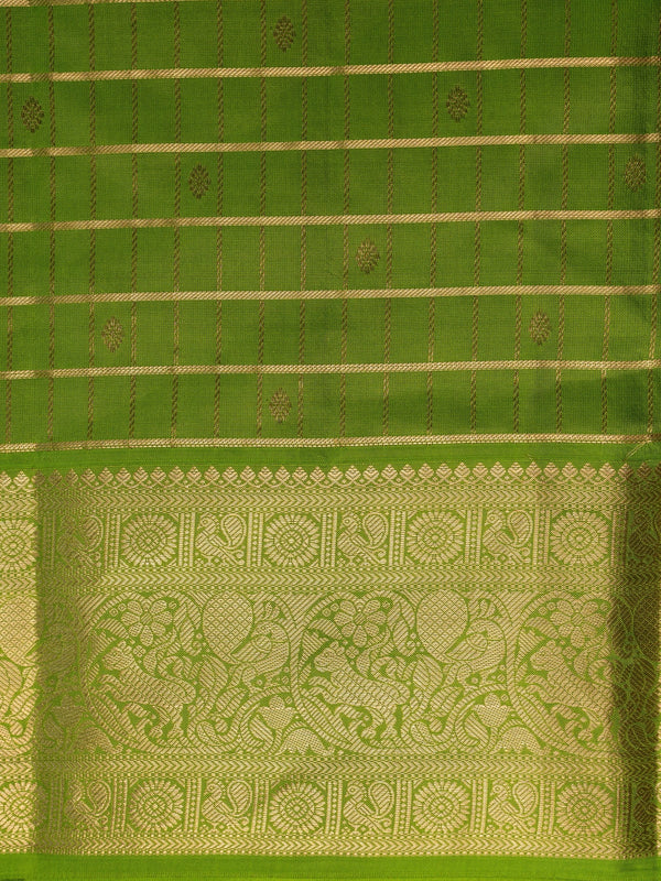Parrot green pure Kanchipuram silk saree with gold zari checks and ornate zari border