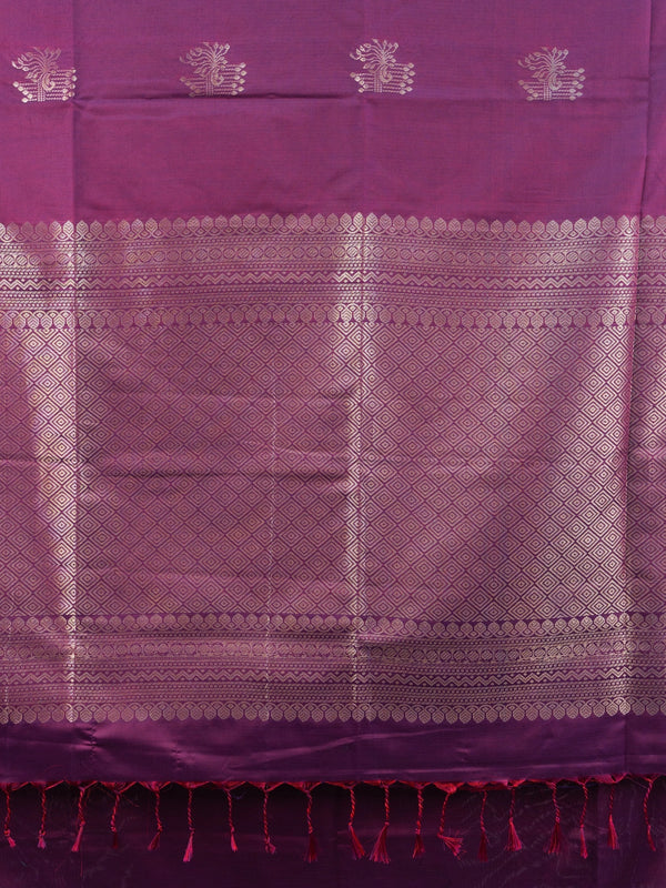 Purple Kanchipuram fancy silk saree with grey-blue contrast border and gold zari buttas