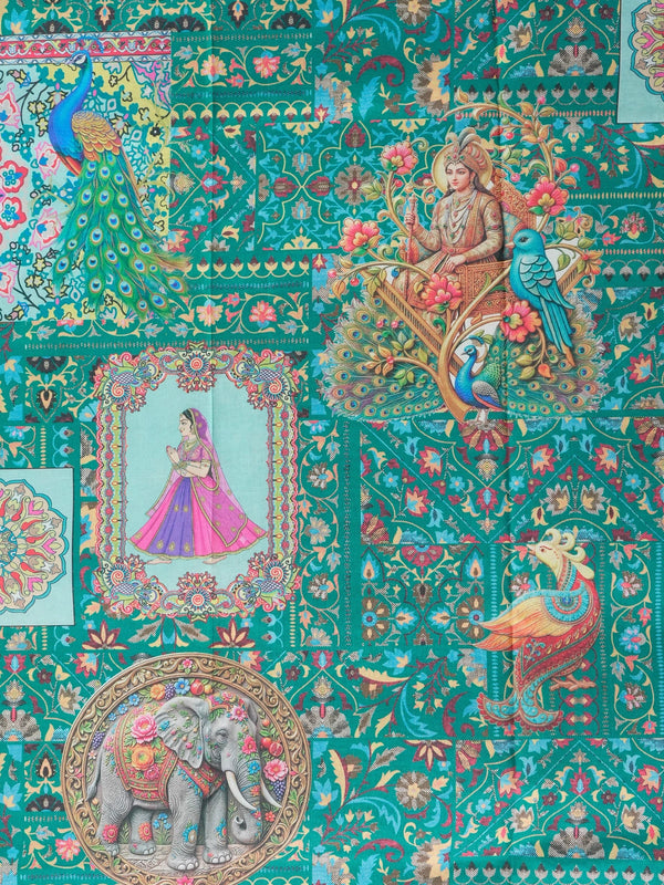 Teal green Dola silk saree with peacock and elephant patchwork print and gold zari border