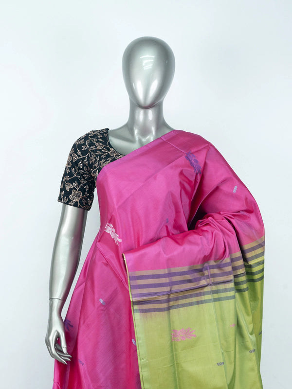 Rani pink Banana Silk saree with lime green contrast pallu, gold zari border and woven floral buttas