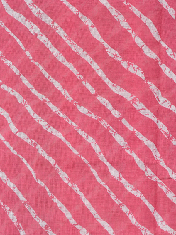 Pink and white leheriya linen cotton saree with batik floral pallu and gold zari border