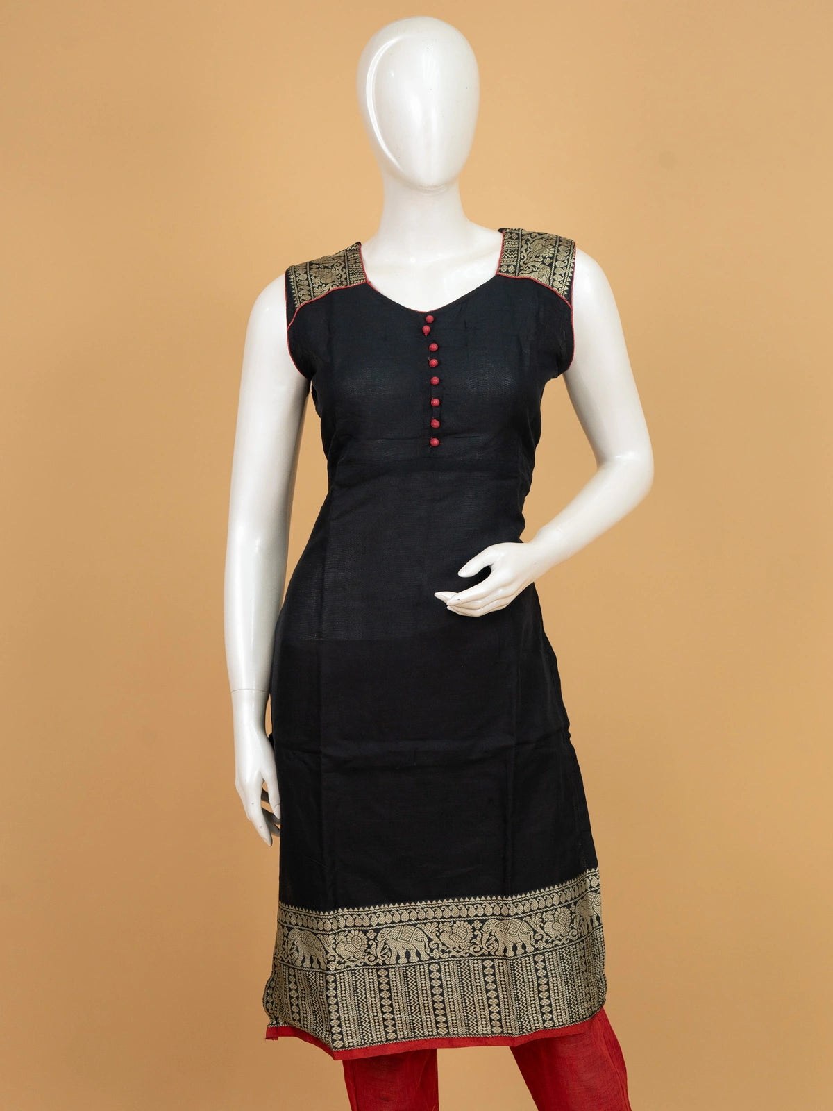 Black cotton silk straight cut kurti set with gold zari border, red contrast pants and dupatta