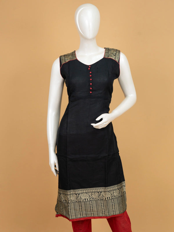 Black cotton silk straight cut kurti set with gold zari border, red contrast pants and dupatta