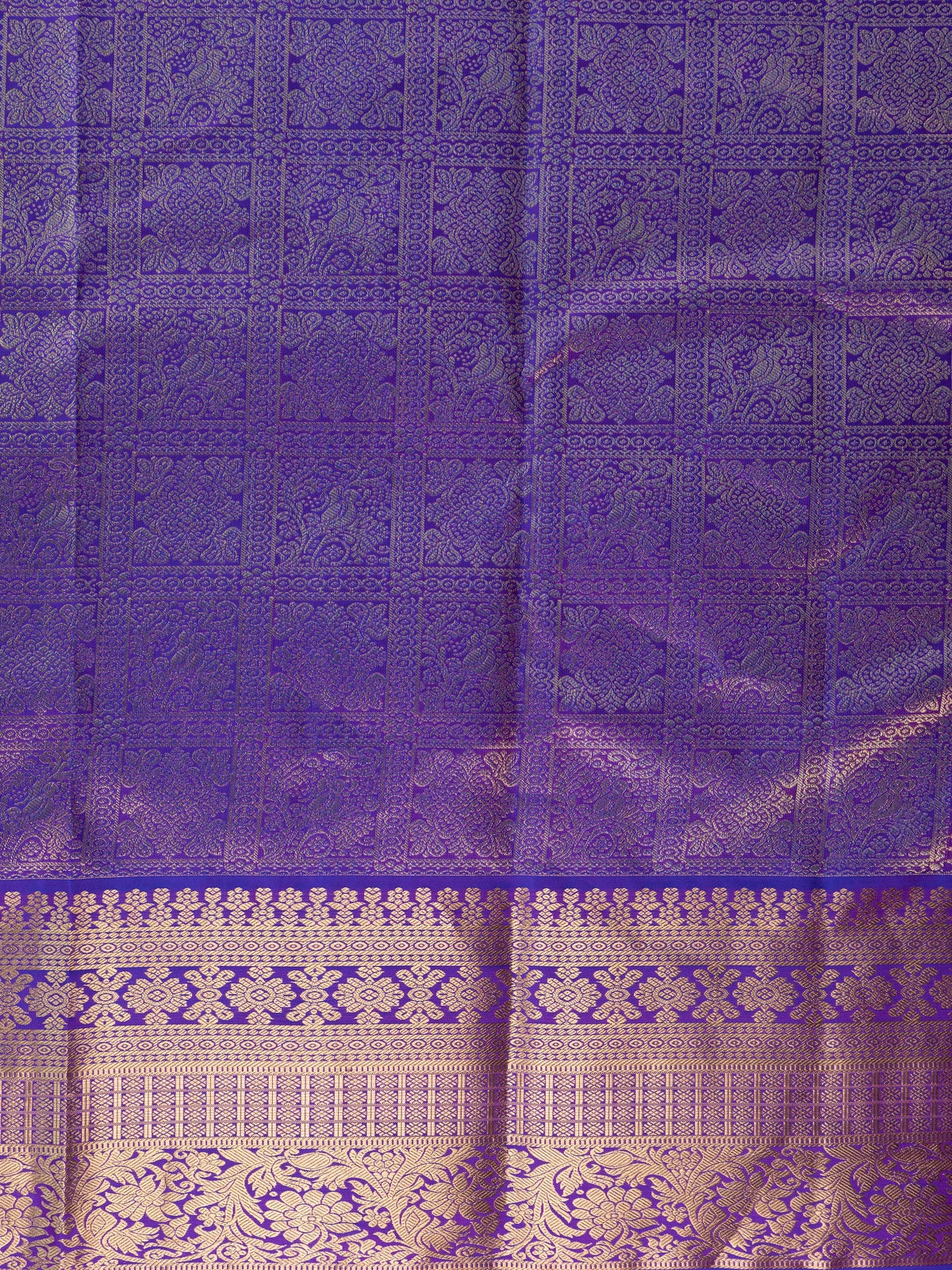 Violet pure Kanchipuram silk saree with all-over gold zari brocade and contrast border