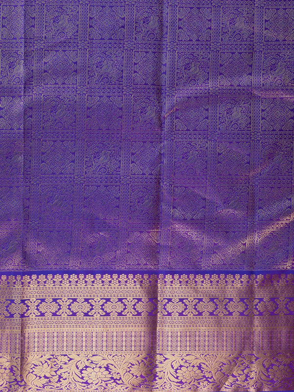 Violet pure Kanchipuram silk saree with all-over gold zari brocade and contrast border