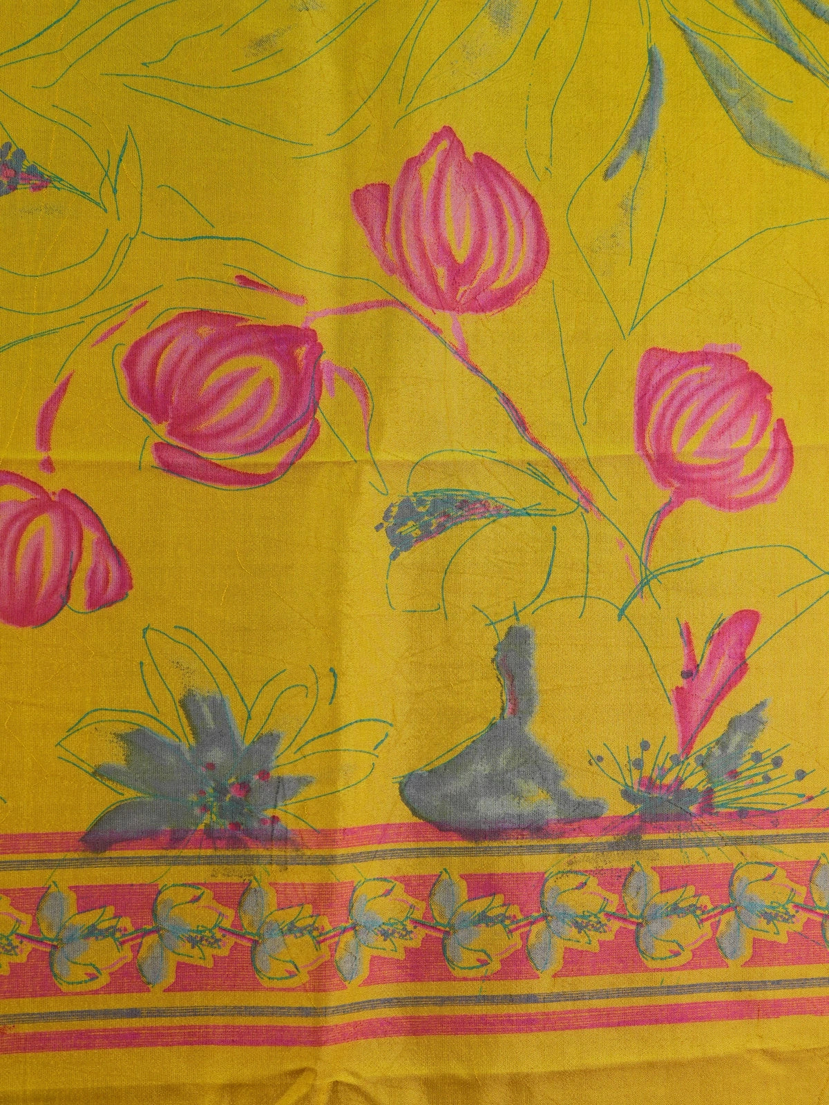Mustard yellow Dola silk saree with pink zari border and floral print pallu