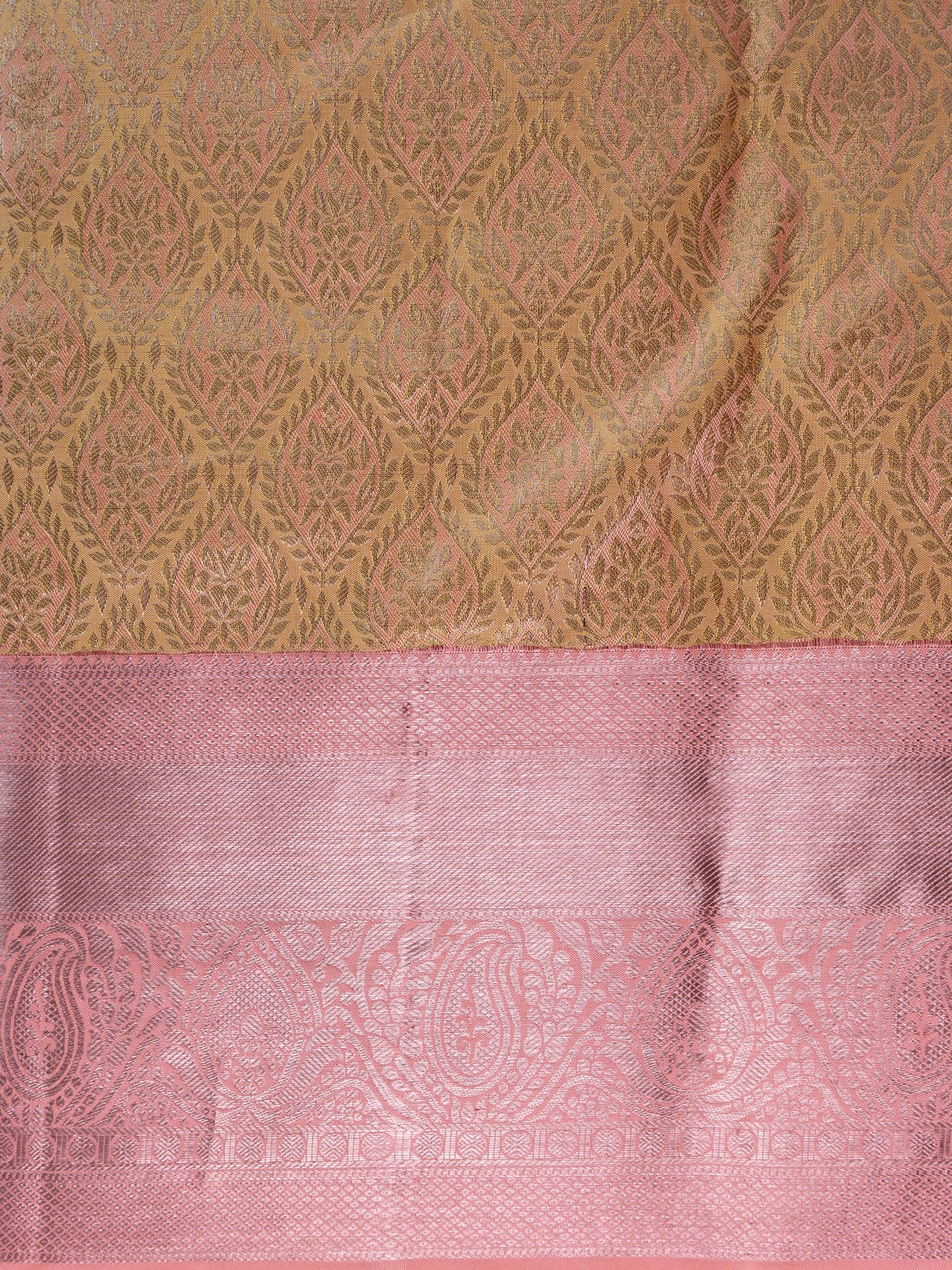Gold and pink pure Kanchipuram silk saree with gold zari brocade body and contrast pink silver zari border