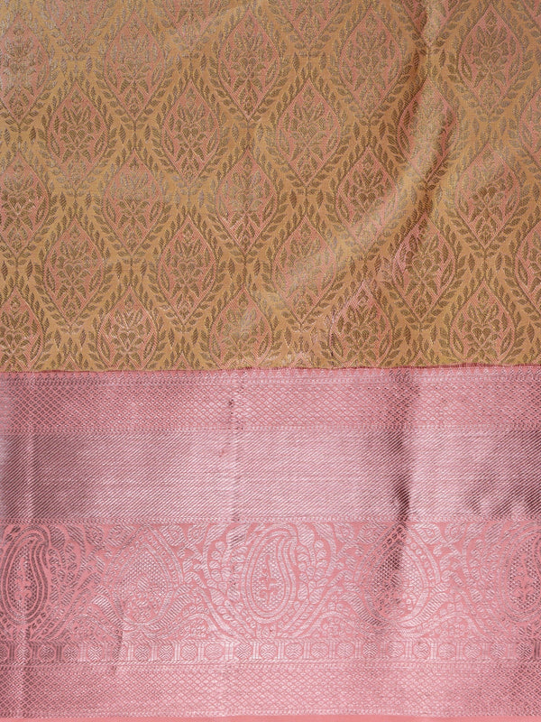 Gold and pink pure Kanchipuram silk saree with gold zari brocade body and contrast pink silver zari border