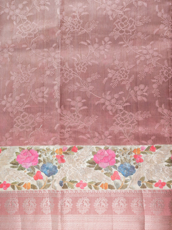Dusty rose-pink designer saree with tonal floral embroidery and multicolour cream floral border