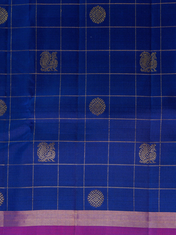 Royal blue pure Kanchipuram silk saree with gold zari checks and a contrast magenta zari border