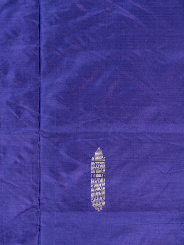 Royal blue banana silk saree with silver zari buttas and contrast turquoise striped pallu and border