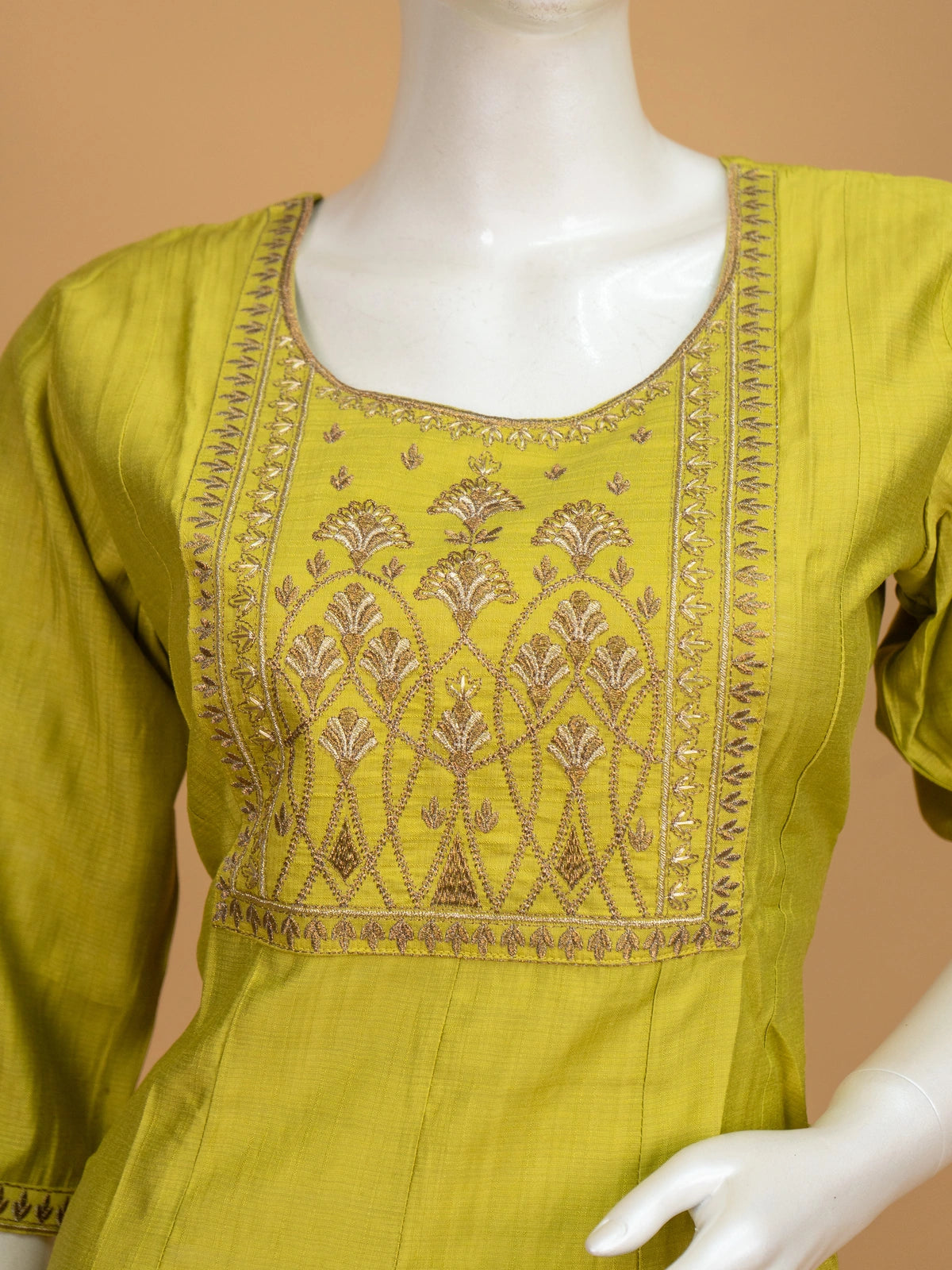 Lime green Zari embroidered art silk Anarkali kurti top with gold floral yoke