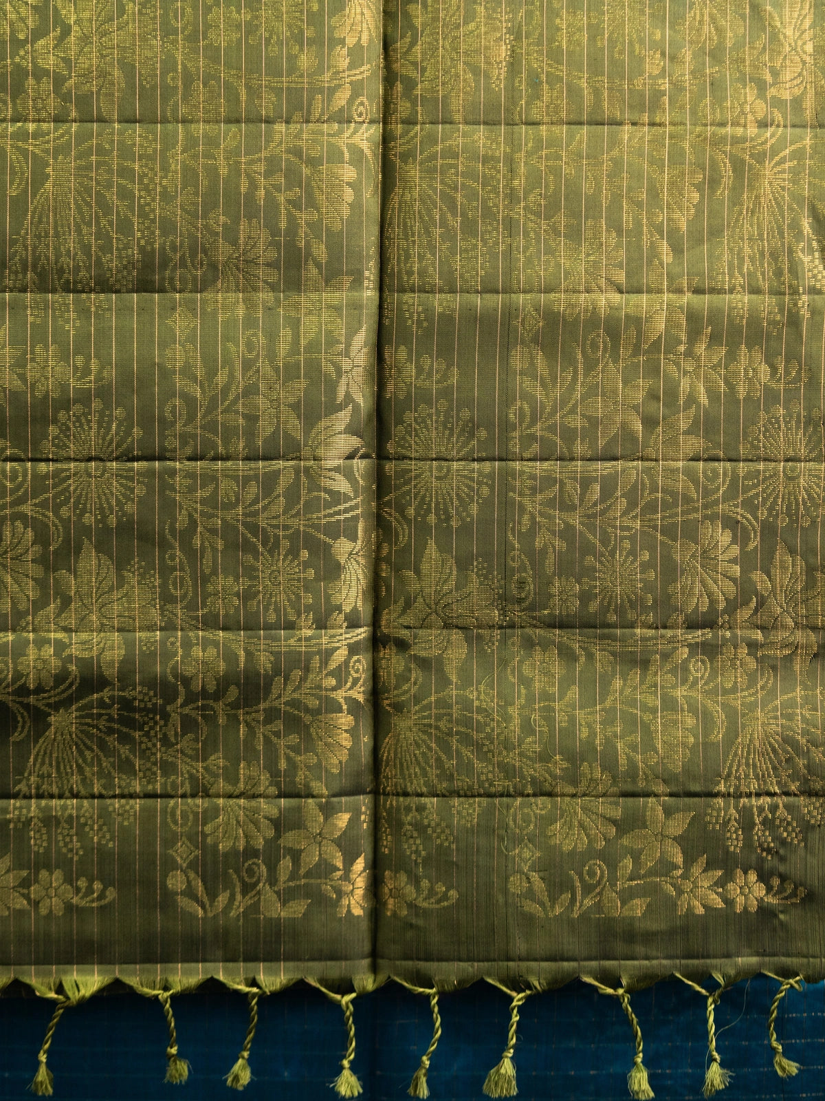 Peacock blue Kanchipuram pure mix saree with gold zari checks and olive green contrast zari border and pallu