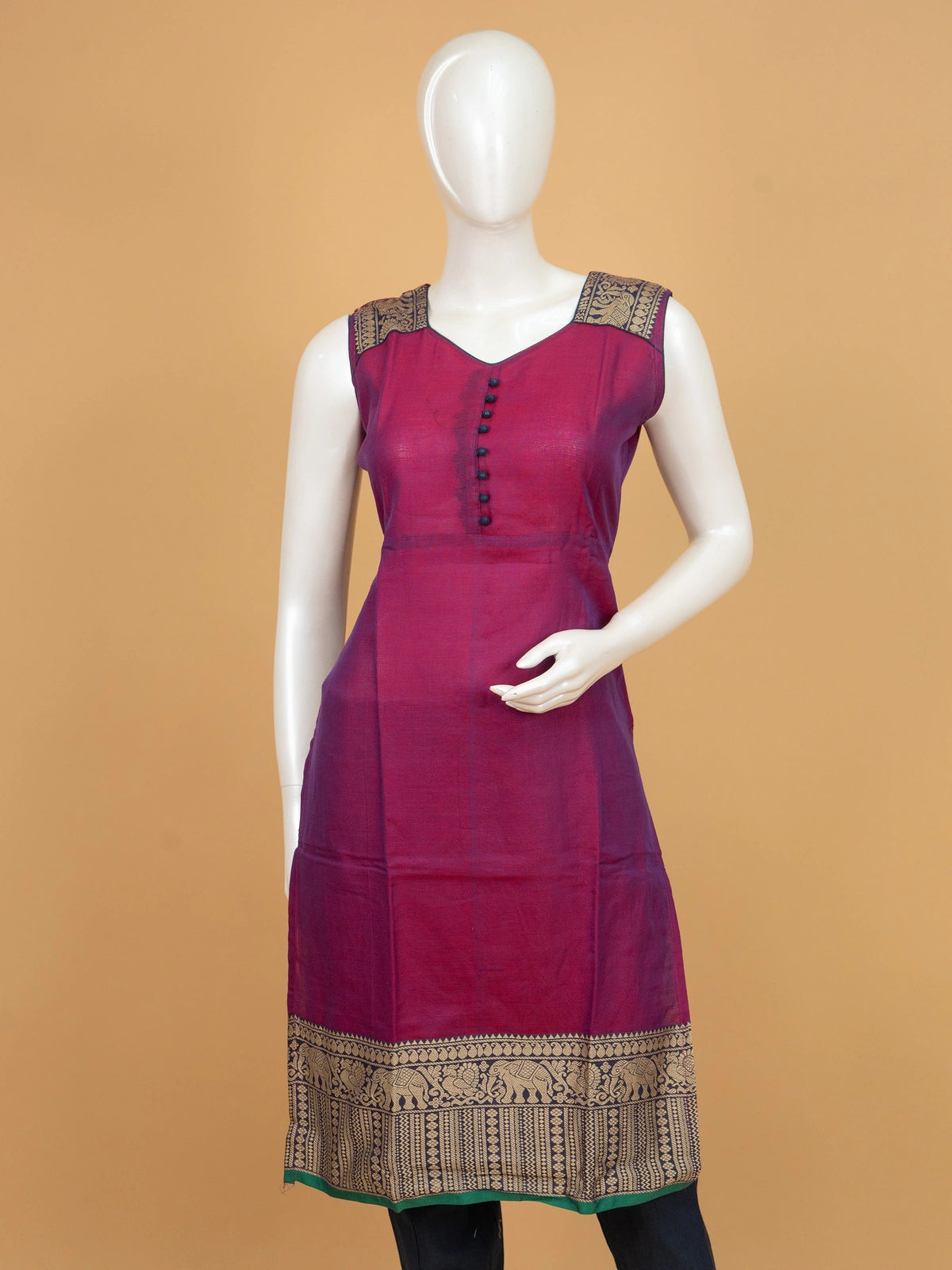 Magenta cotton silk straight cut kurti set with zari elephant motif border and matching dupatta
