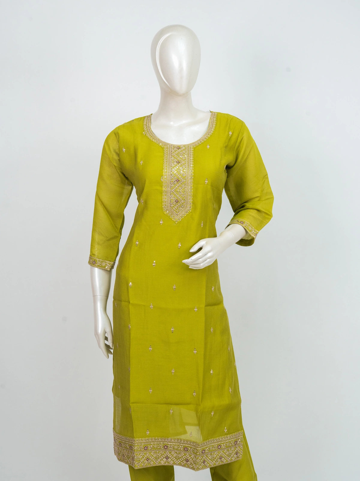 Mehendi Green Chanderi Silk Zari Embroidered Straight Cut Kurti Set with floral organza dupatta