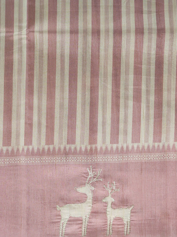 Dusty pink and cream designer silk saree with deer motifs and floral embroidered pallu