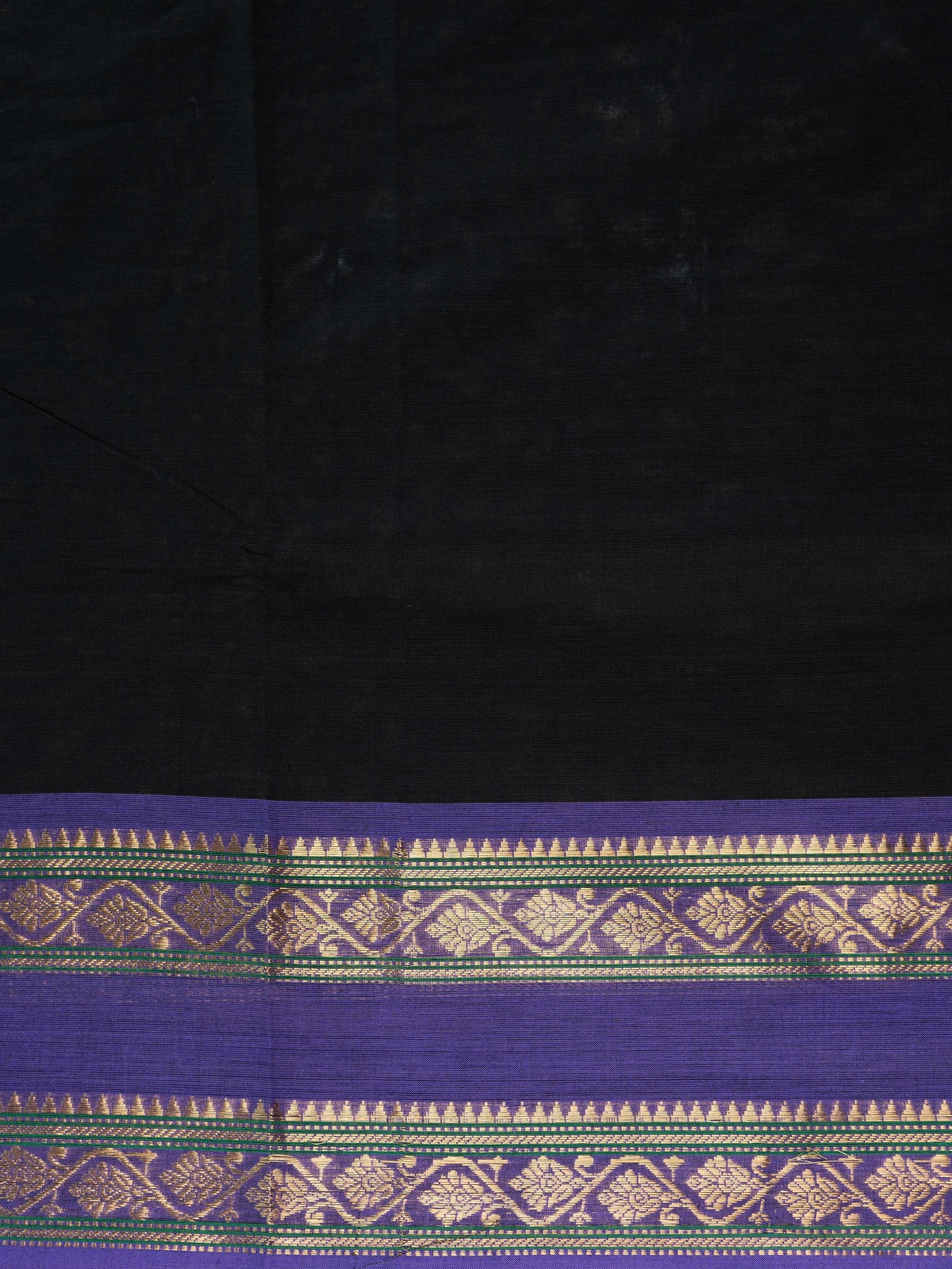 Black Chettinad cotton saree with purple gold zari contrast border and striped pallu
