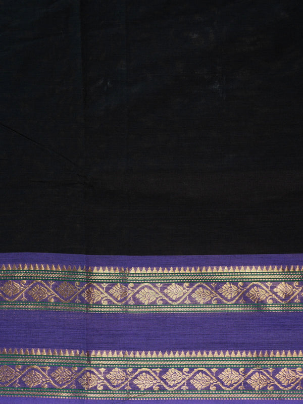 Black Chettinad cotton saree with purple gold zari contrast border and striped pallu