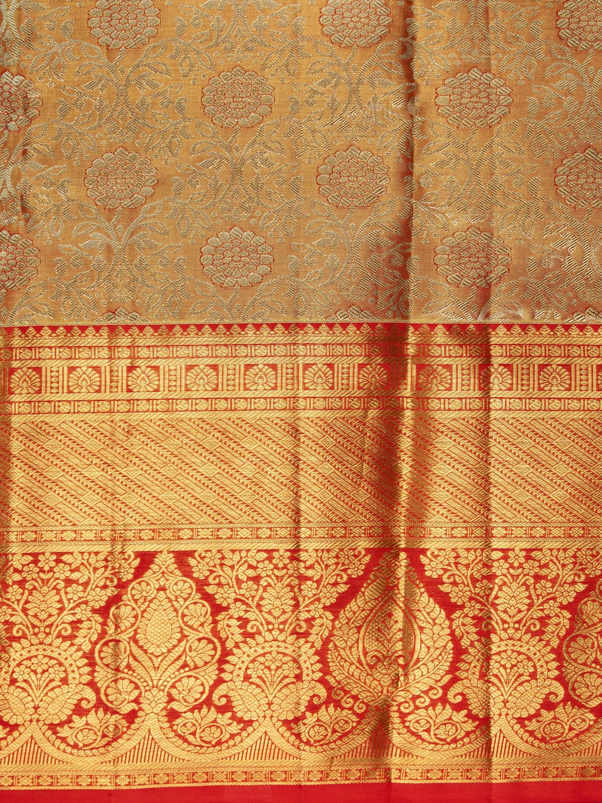 Golden mustard pure Kanchipuram silk saree with gold zari floral weave and contrast red border