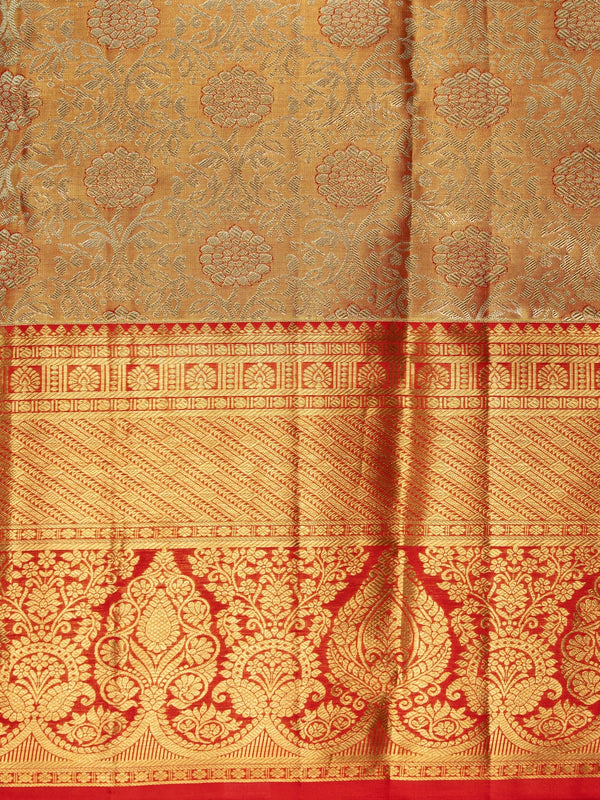 Golden mustard pure Kanchipuram silk saree with gold zari floral weave and contrast red border