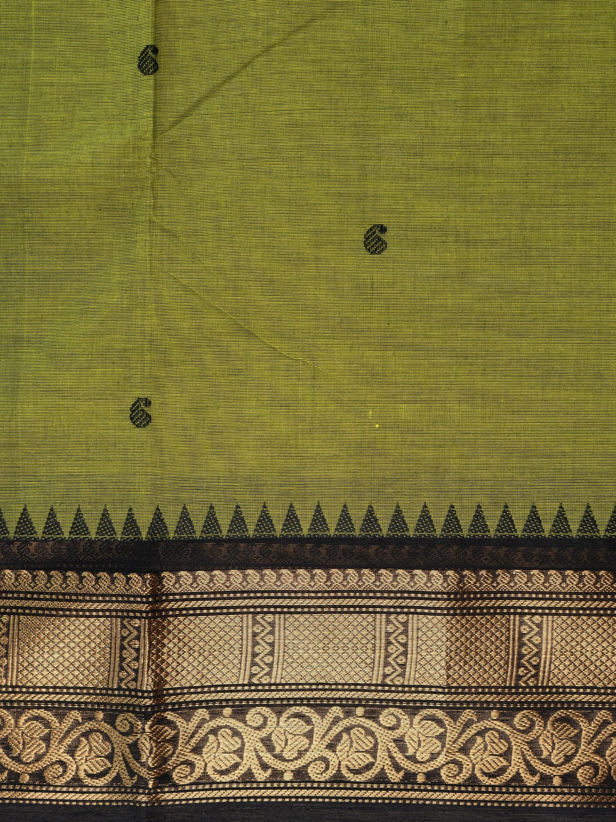Olive green Chettinad cotton saree with black and gold zari contrast border and paisley buttas