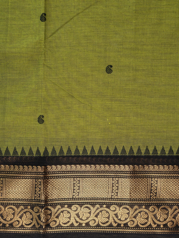 Olive green Chettinad cotton saree with black and gold zari contrast border and paisley buttas