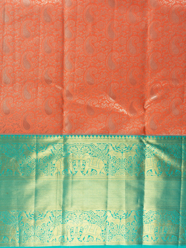 Coral orange pure Kanchipuram silk saree with teal green gold zari elephant border and matching blouse