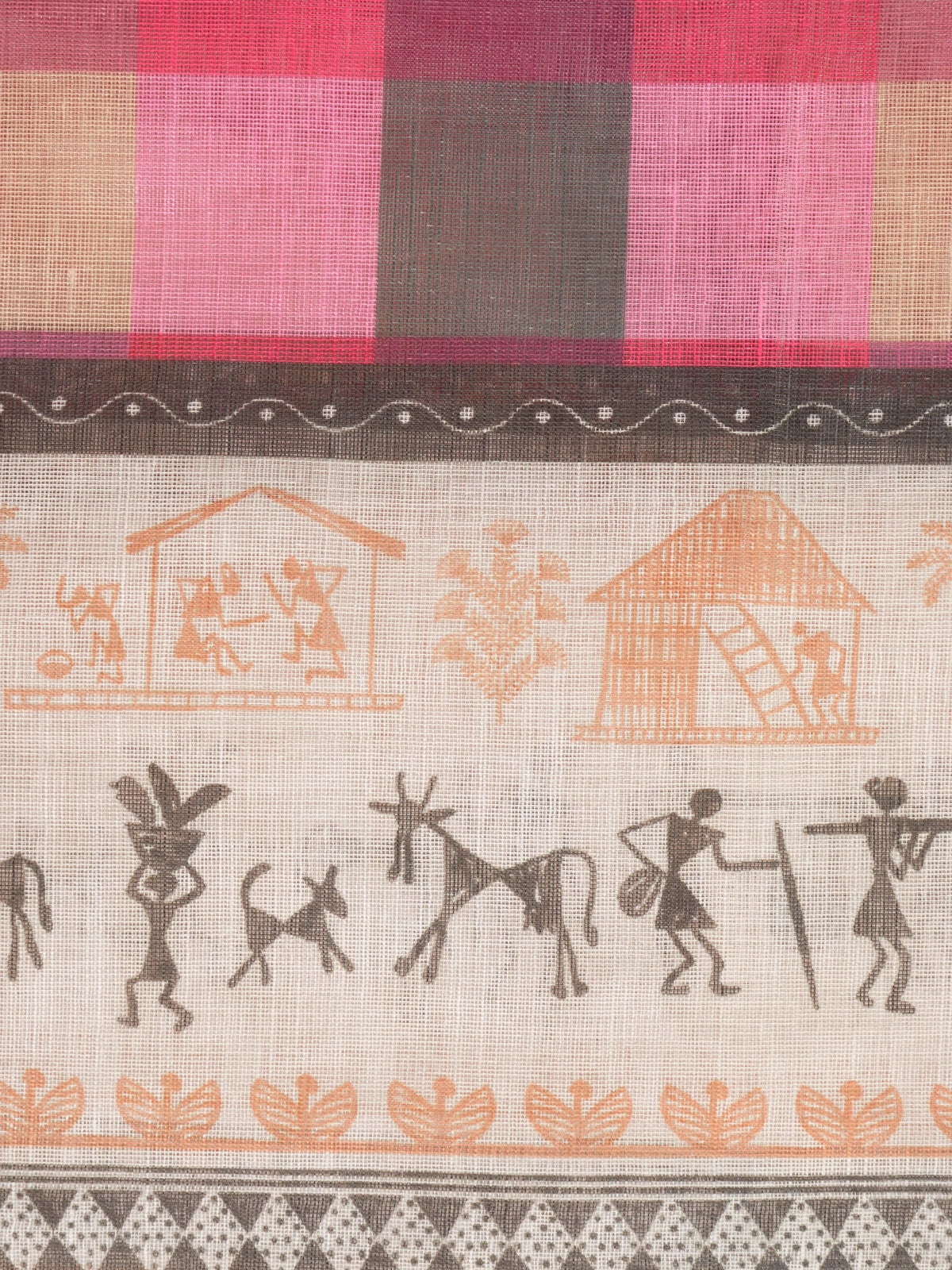 Pink and cream checked linen cotton saree with Warli tribal print border and contrast yellow blouse