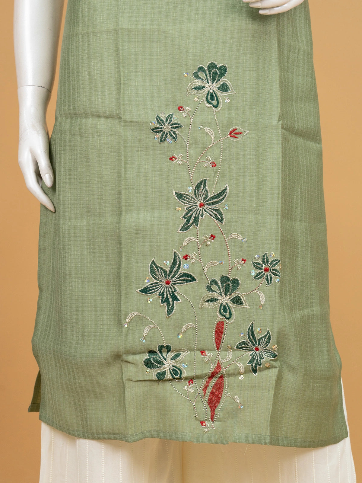 Sage Green floral embroidered cotton silk Anarkali kurti top with 3/4 sleeves and scalloped neckline