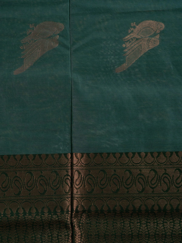 Bottle green silk cotton saree with copper zari bird motifs and contrast zari border