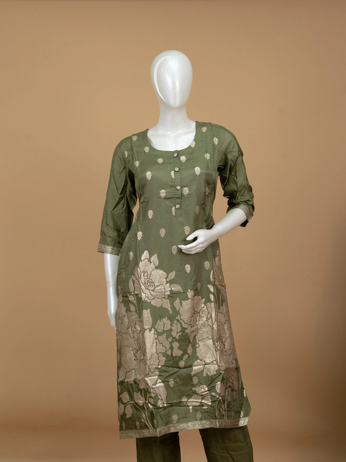 Olive Green zari floral silk straight cut kurti set with dupatta