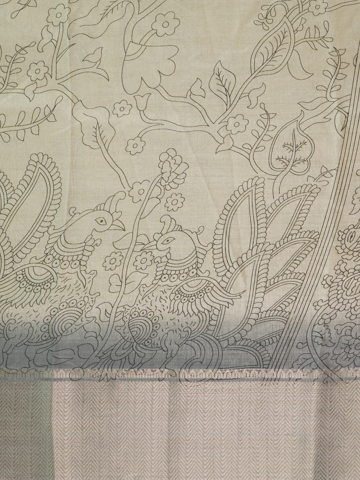Beige Dola silk saree with Kalamkari peacock and floral motifs and contrast grey silver zari border