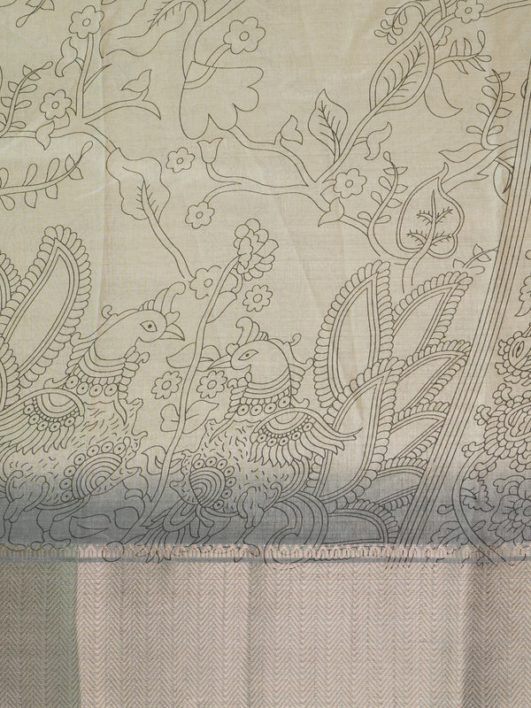 Beige Dola silk saree with Kalamkari peacock and floral motifs and contrast grey silver zari border