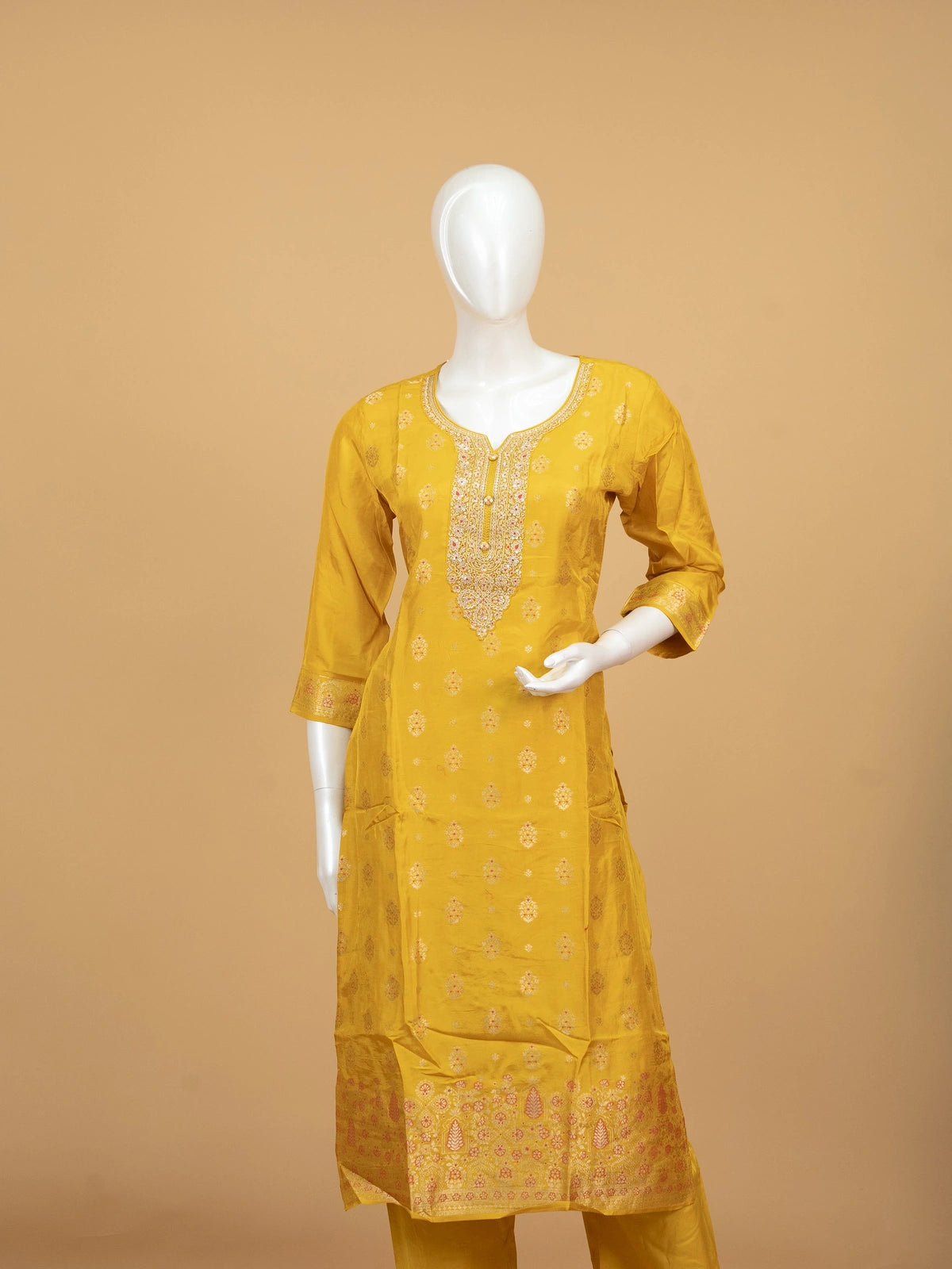 Mustard yellow zari woven silk straight cut kurti set with red woven dupatta and matching straight pants