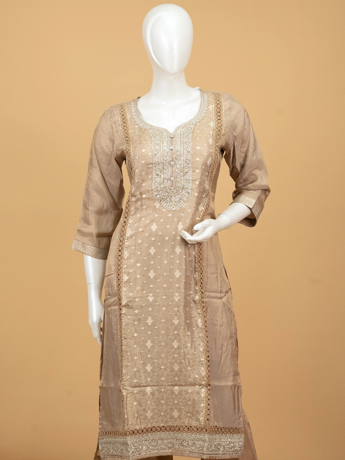 Beige Chanderi silk zari embroidered straight cut kurti set with matching dupatta