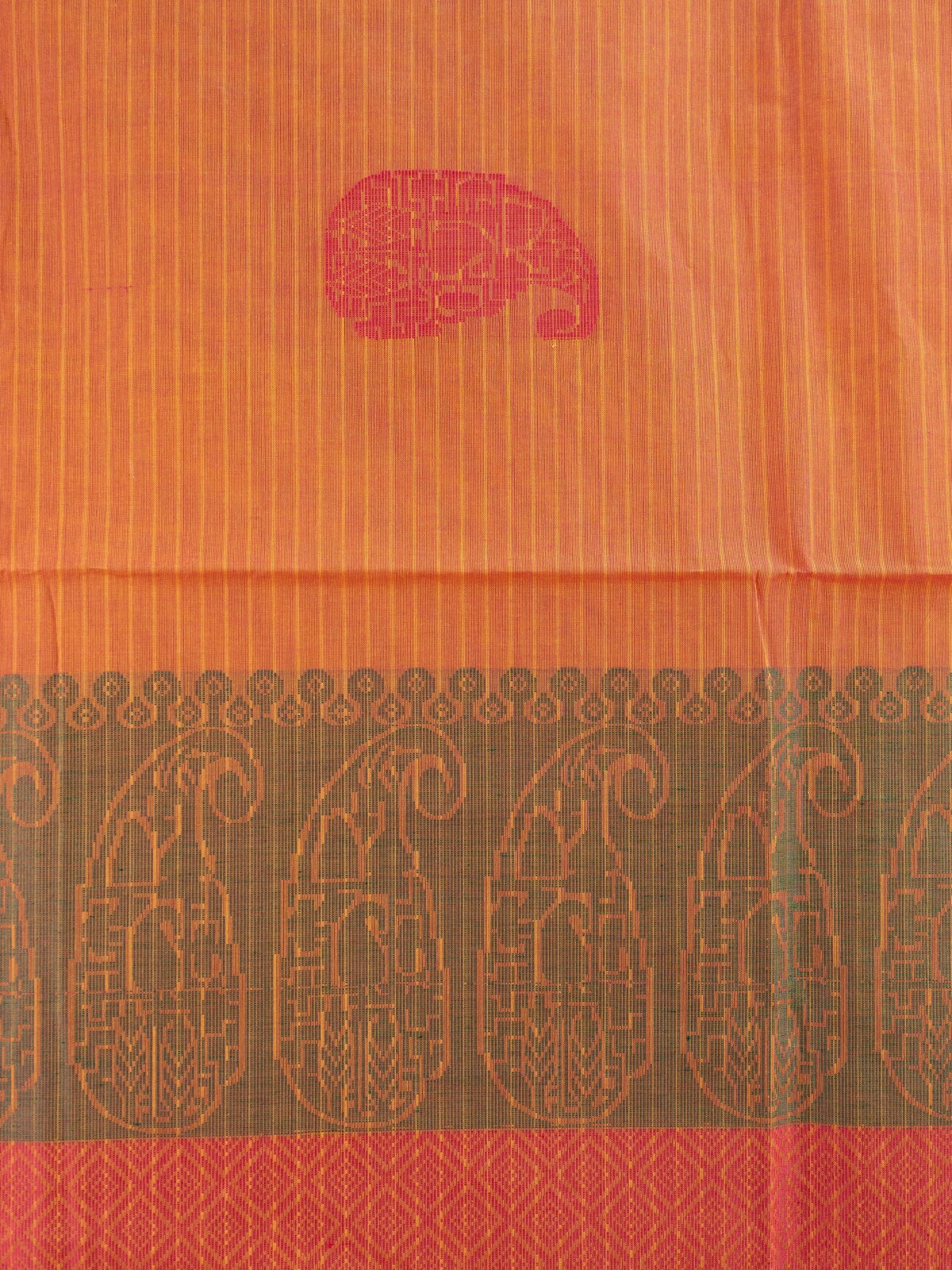 Orange and pink semi raw silk saree with paisley and elephant motifs and contrast woven border