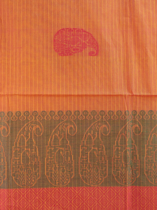Orange and pink semi raw silk saree with paisley and elephant motifs and contrast woven border
